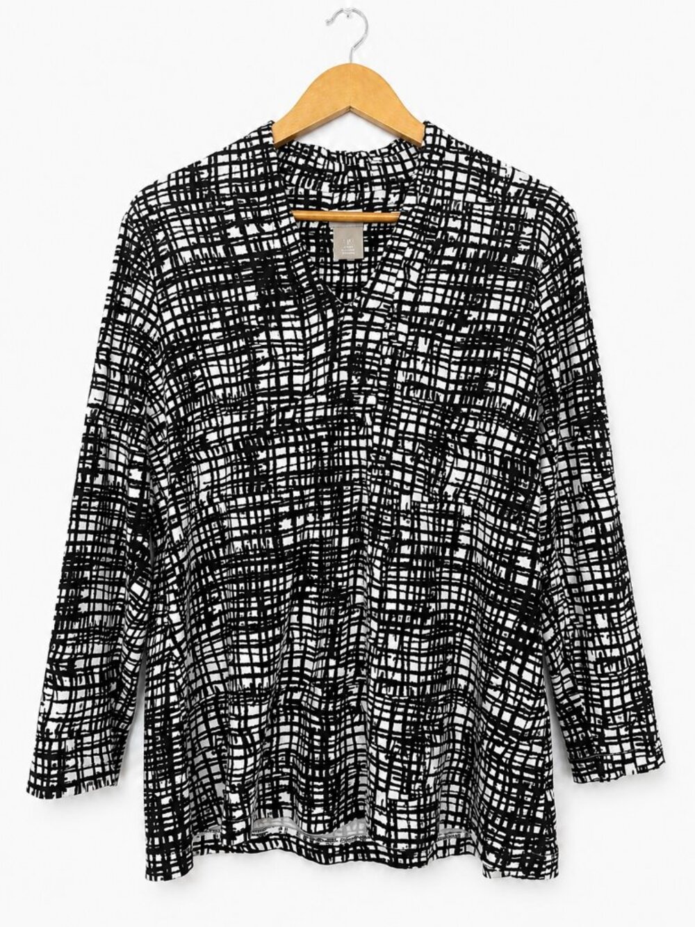 Chico's Size 2 (L) Black White Abstract Print Pima Cotton Knit Tunic Top Travel